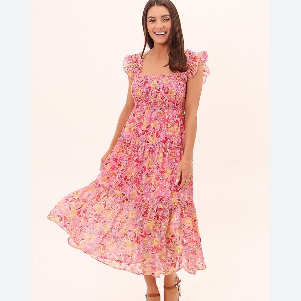 Greylin Daniela Smocked Burnout Chiffon Midi Dress is Bubble Gum